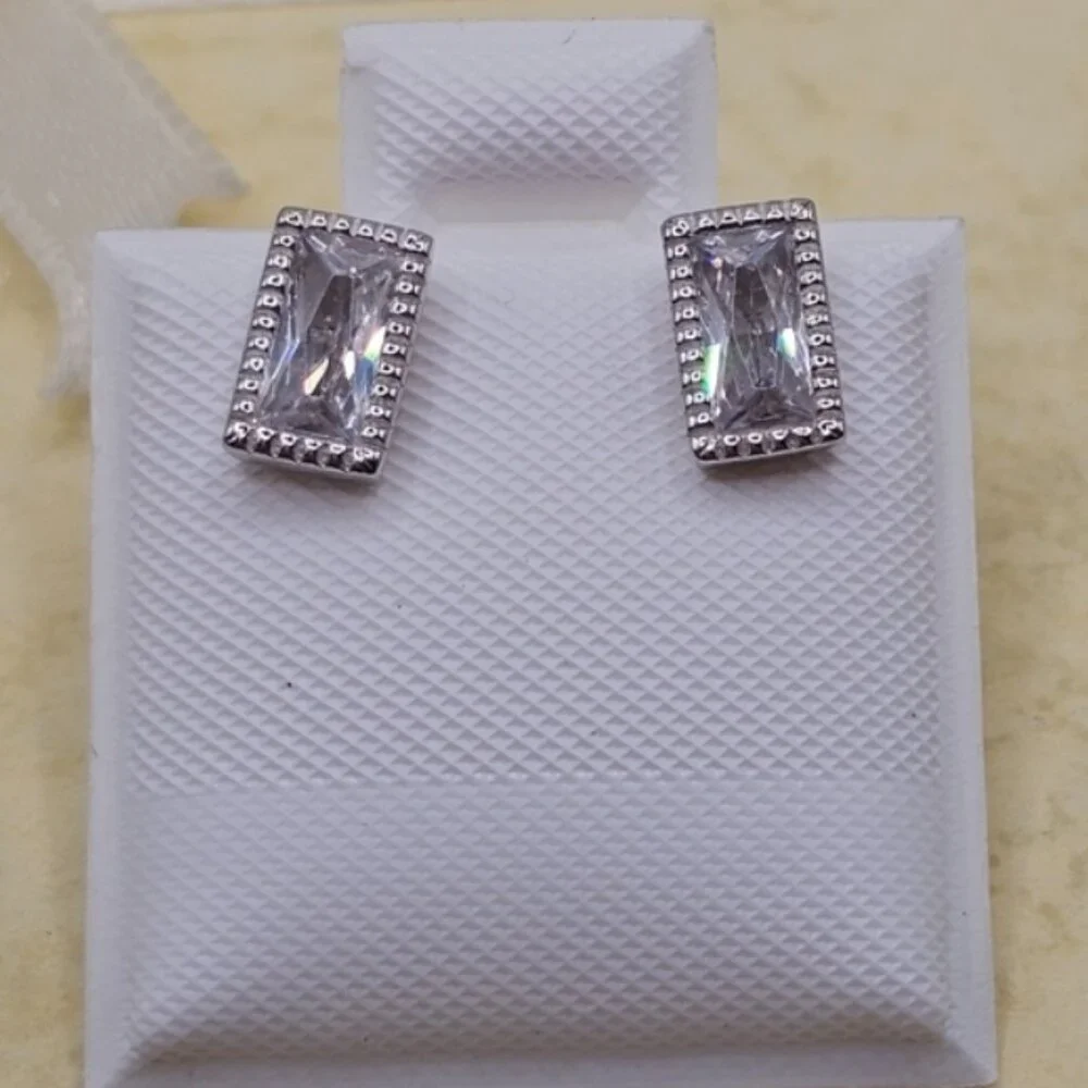 Sterling Silver 925 Rhodium Plated Rectangle Clear CZ Stud Earrings